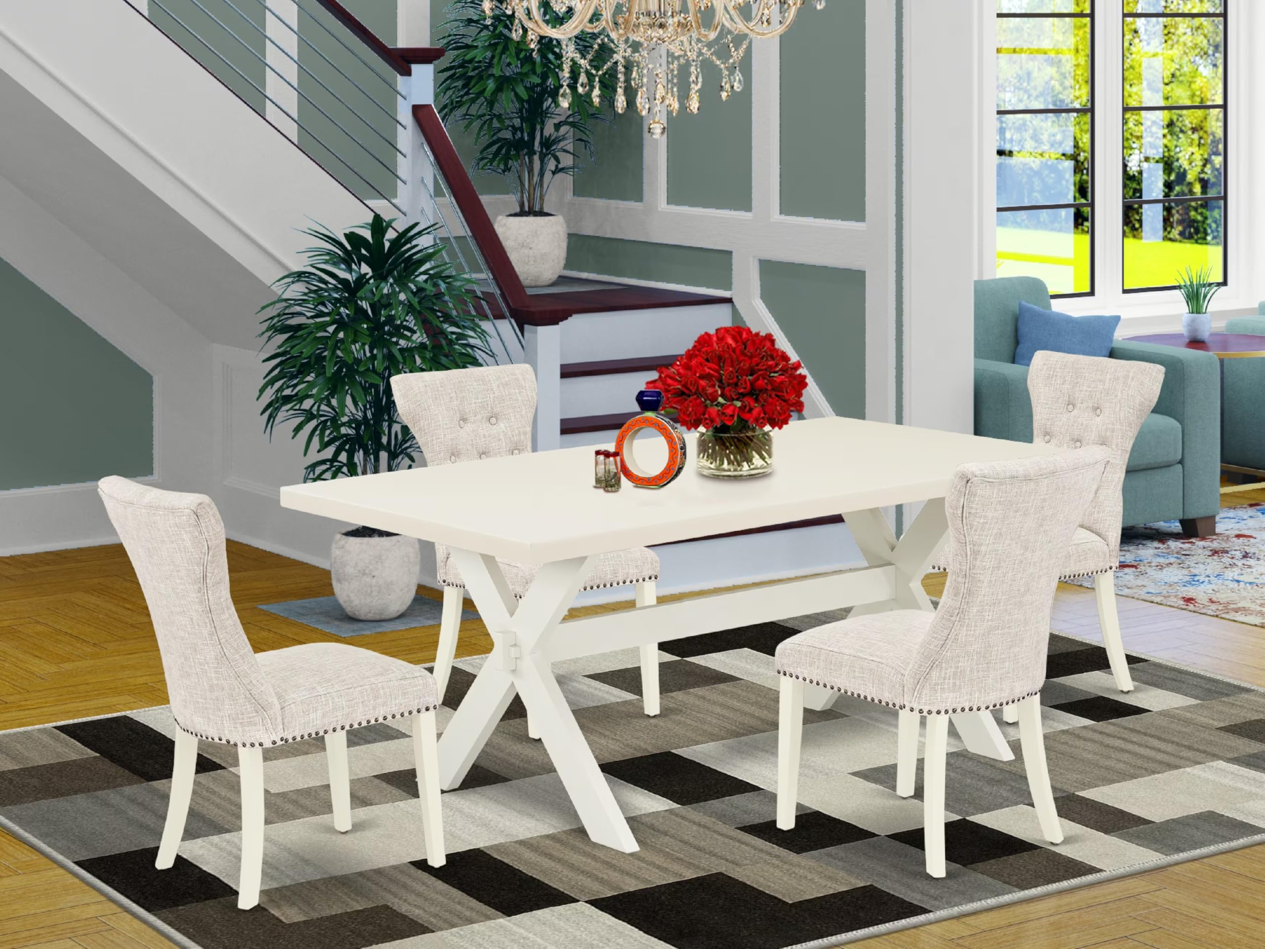 East West Furniture X027Ga235-5 5 Piece Dining Table Set For 4 Includes A Rectangle Kitchen Table With X-Legs And 4 Doeskin Linen Fabric Upholstered Chairs, 40X72 Inch, Multi-Color